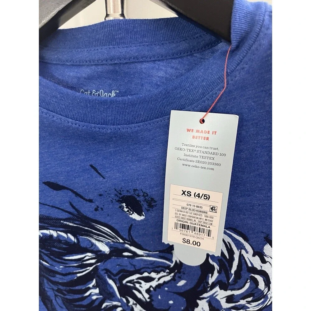 Cat & Jack Unisex Kids T-Shirt XS (4/5) Blue Long Sleeve Dragon Crew Cotton